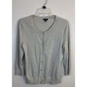 TALBOTS Silver Metallic Button Front Cardigan Women Large Petite Sparkle Sweater
